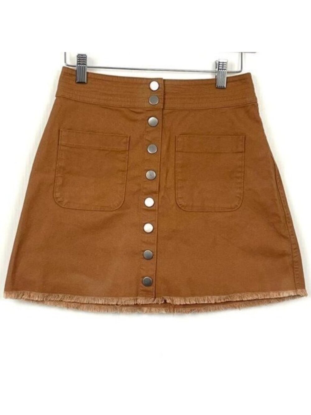 Madewell A-Line Mini Skirt Brown Snap Front Pockets Raw Hem Stretch size 0